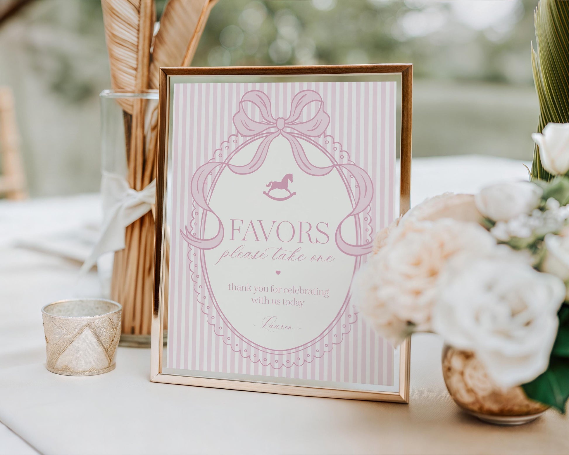 Pink Coquette Bow Rocking Horse Cards & Gifts and Favors Sign Template, Striped Preppy Baby Shower, Classic First Birthday Party WP1094