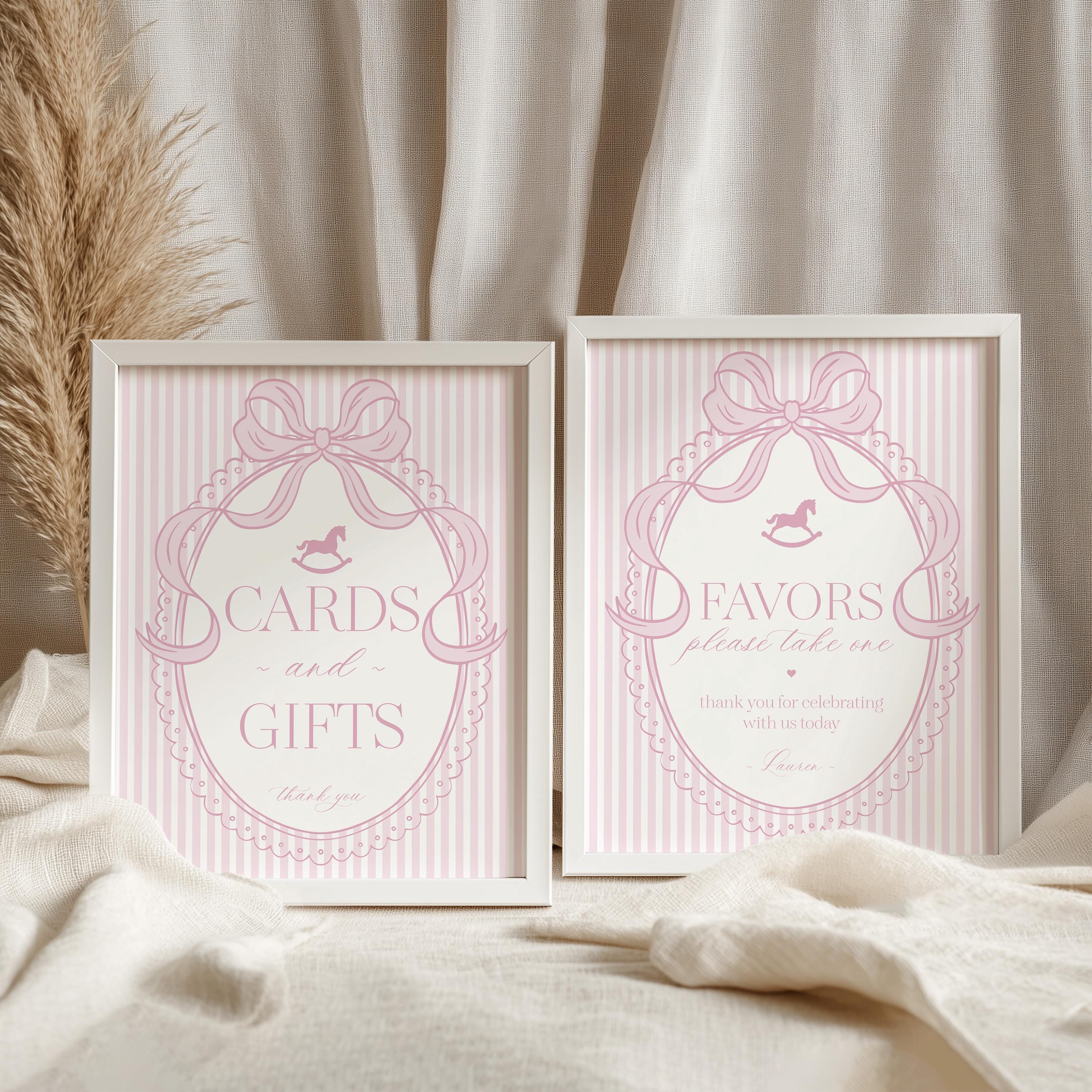 Pink Coquette Bow Rocking Horse Cards & Gifts and Favors Sign Template, Striped Preppy Baby Shower, Classic First Birthday Party WP1094