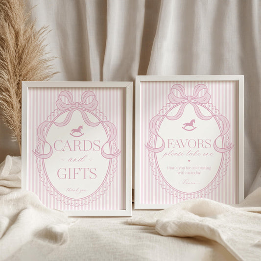 Pink Coquette Bow Rocking Horse Cards & Gifts and Favors Sign Template, Striped Preppy Baby Shower, Classic First Birthday Party WP1094