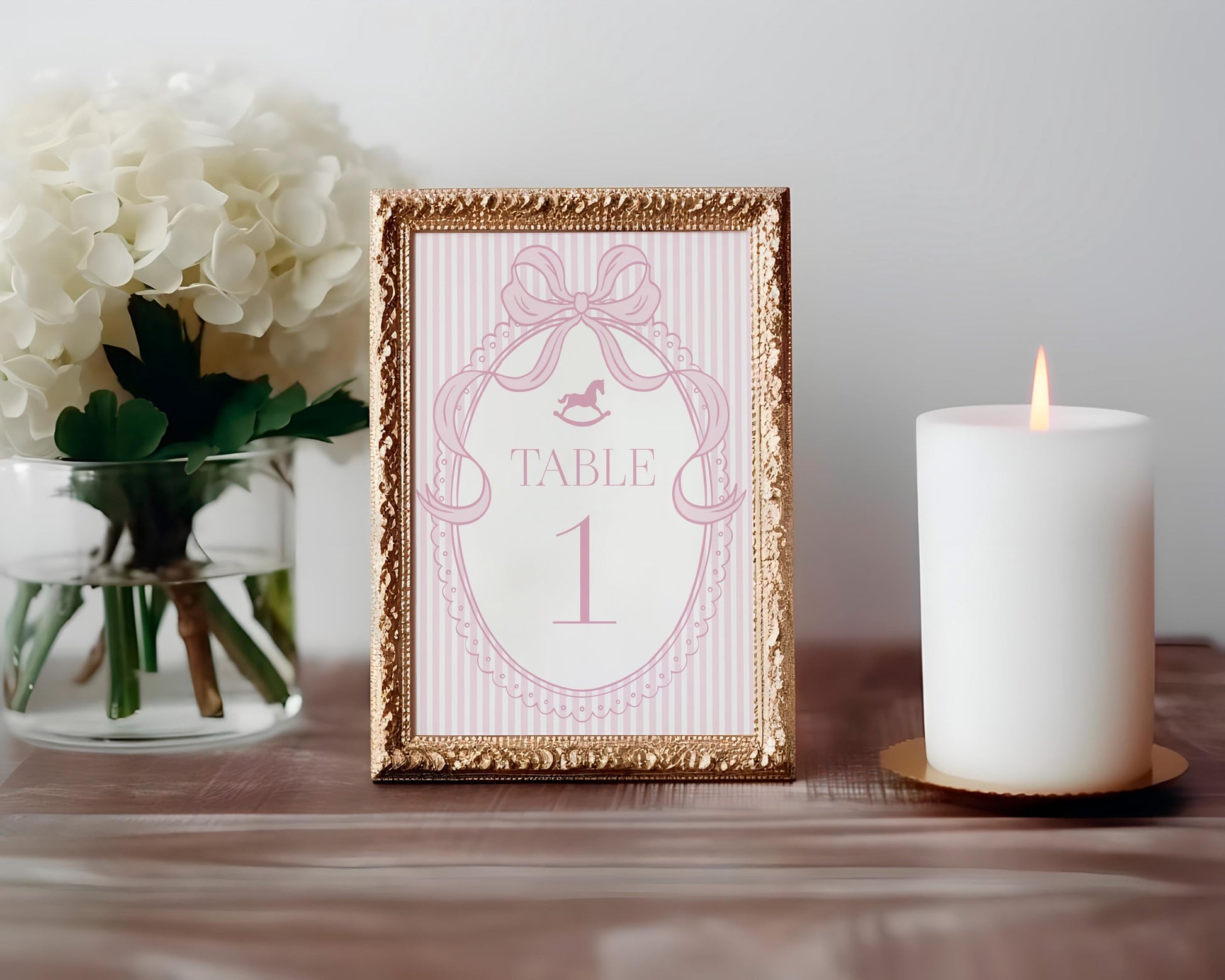 Pink Coquette Bow Rocking Horse Table Number Cards Template, Striped Preppy Baby Shower, Classic First Birthday Party WP1094