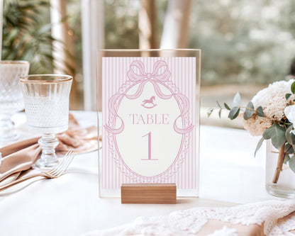 Pink Coquette Bow Rocking Horse Table Number Cards Template, Striped Preppy Baby Shower, Classic First Birthday Party WP1094