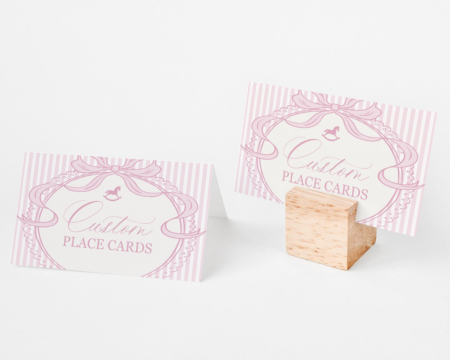 Pink Coquette Bow Rocking Horse Place Cards Template, Striped Preppy Baby Shower, Classic First Birthday Party WP1094