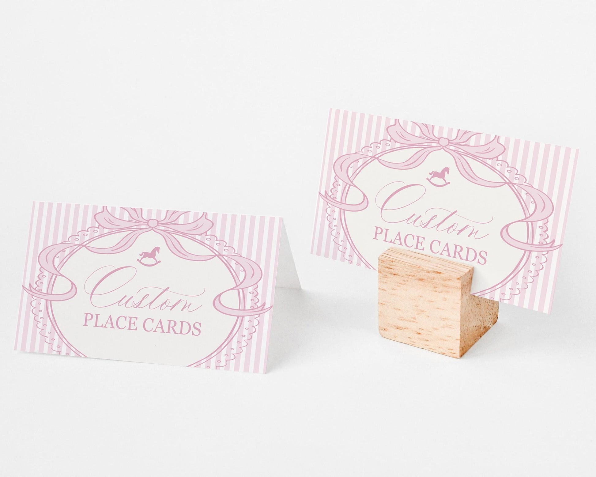 Pink Coquette Bow Rocking Horse Place Cards Template, Striped Preppy Baby Shower, Classic First Birthday Party WP1094