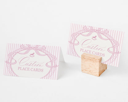 Pink Coquette Bow Rocking Horse Place Cards Template, Striped Preppy Baby Shower, Classic First Birthday Party WP1094