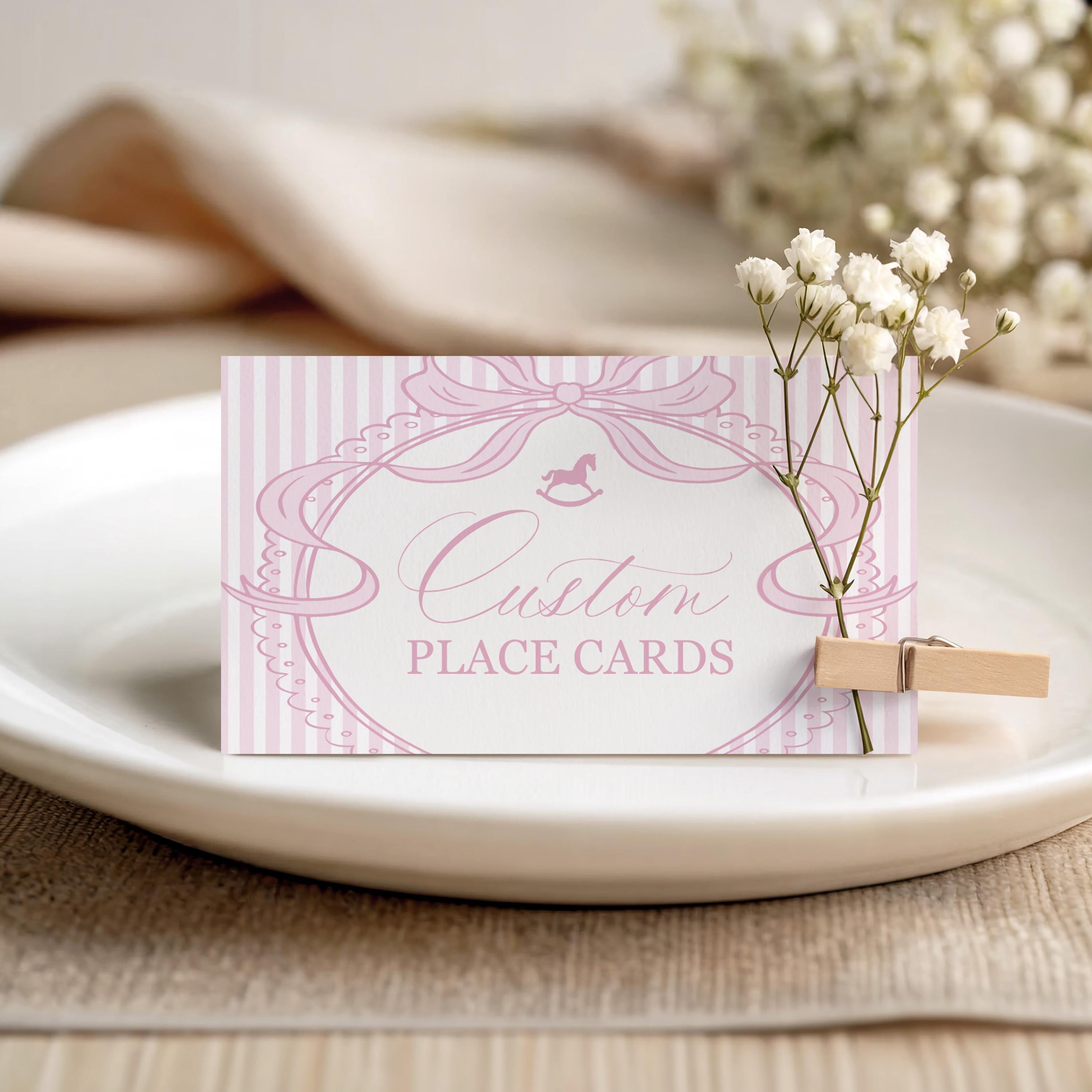 Pink Coquette Bow Rocking Horse Place Cards Template, Striped Preppy Baby Shower, Classic First Birthday Party WP1094