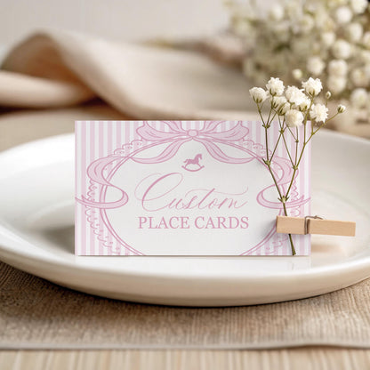 Pink Coquette Bow Rocking Horse Place Cards Template, Striped Preppy Baby Shower, Classic First Birthday Party WP1094