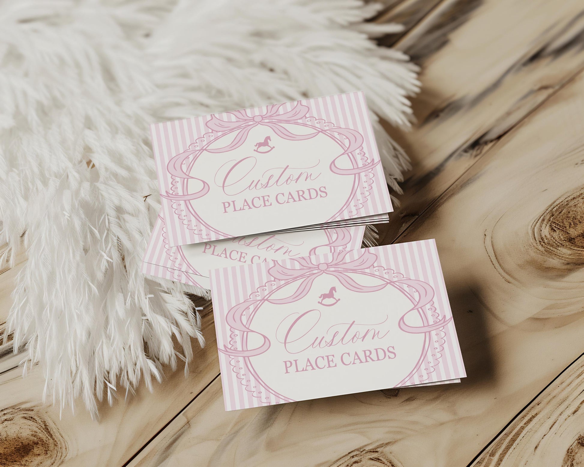 Pink Coquette Bow Rocking Horse Place Cards Template, Striped Preppy Baby Shower, Classic First Birthday Party WP1094