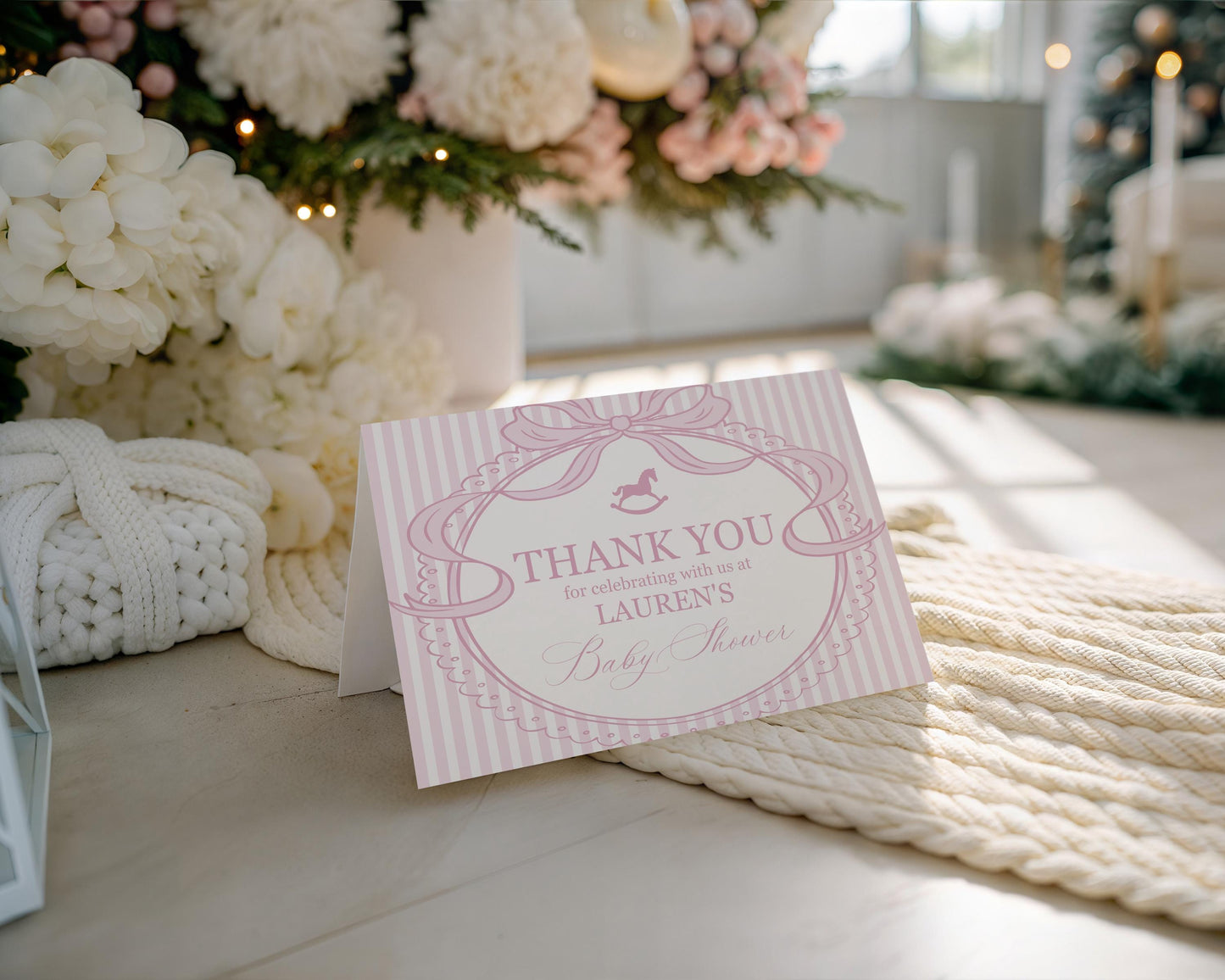 Pink Coquette Bow Rocking Horse Thank You Card Template, Striped Preppy Baby Shower, Classic First Birthday Party WP1094
