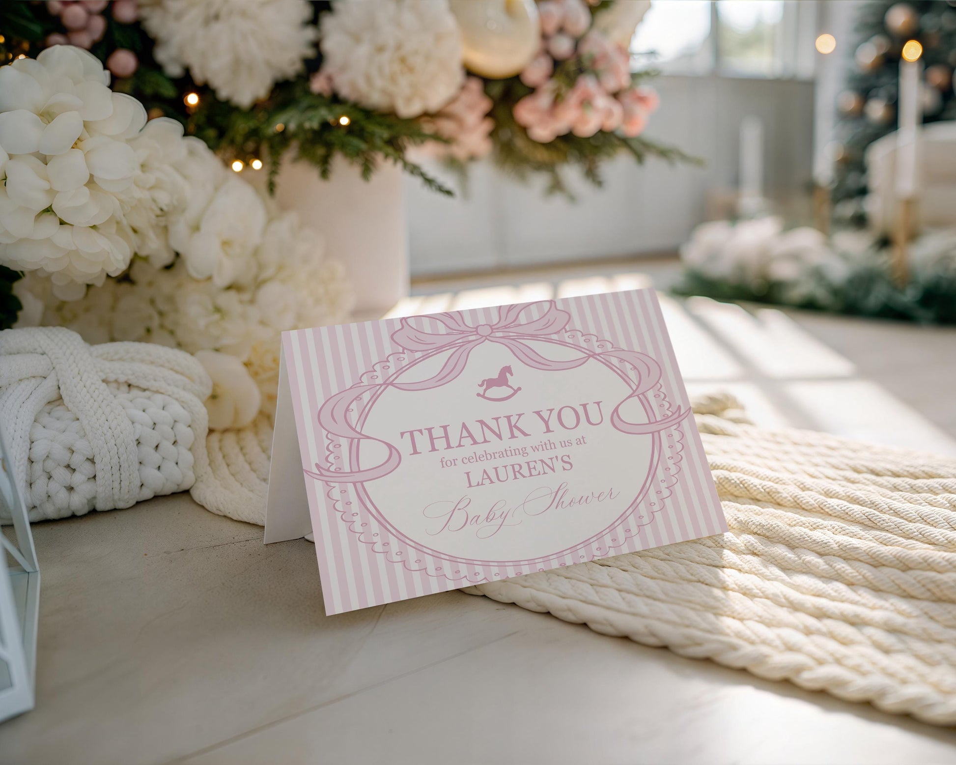 Pink Coquette Bow Rocking Horse Thank You Card Template, Striped Preppy Baby Shower, Classic First Birthday Party WP1094