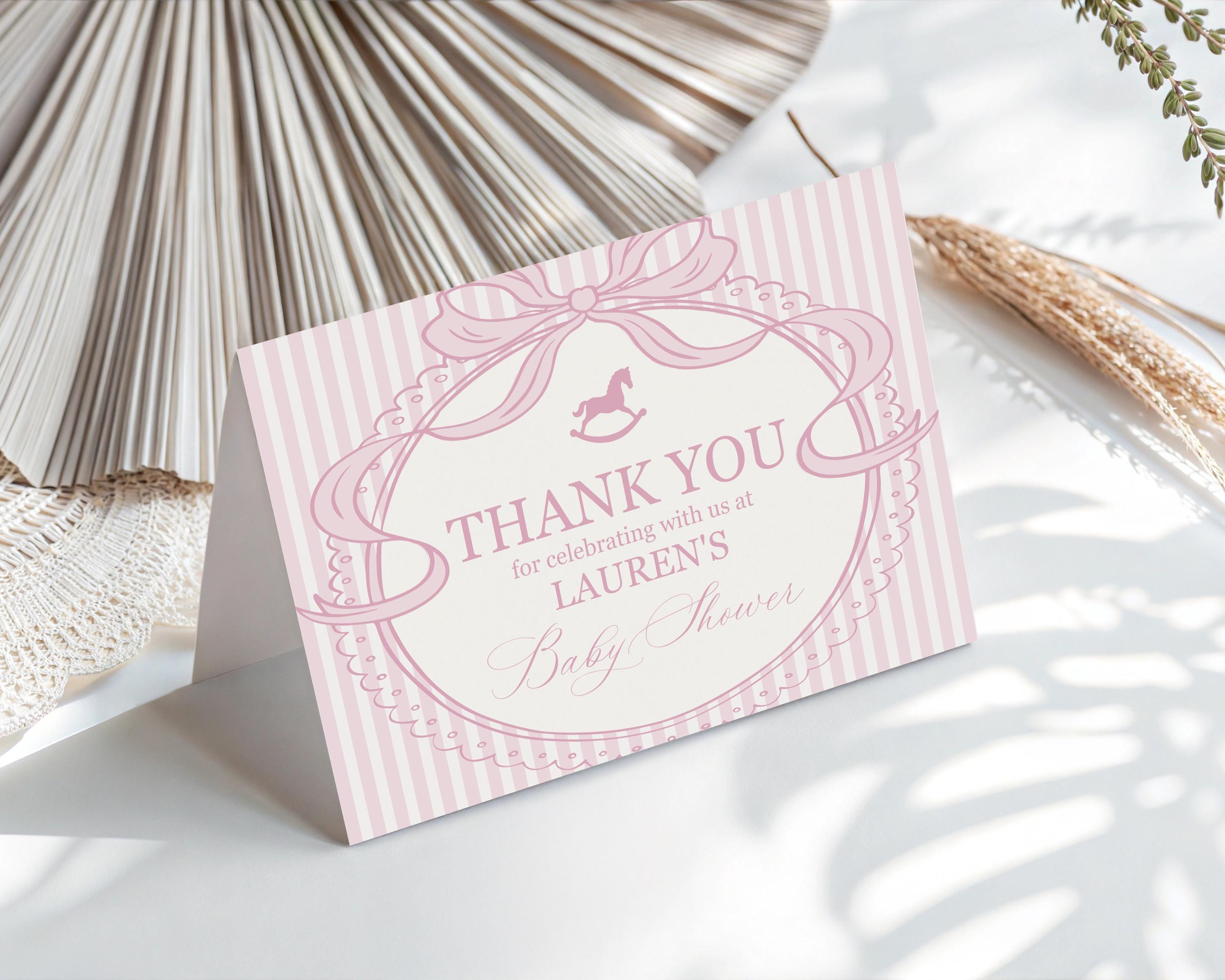 Pink Coquette Bow Rocking Horse Thank You Card Template, Striped Preppy Baby Shower, Classic First Birthday Party WP1094
