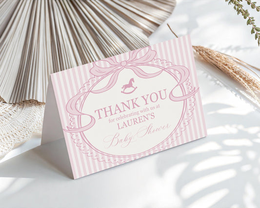 Pink Coquette Bow Rocking Horse Thank You Card Template, Striped Preppy Baby Shower, Classic First Birthday Party WP1094