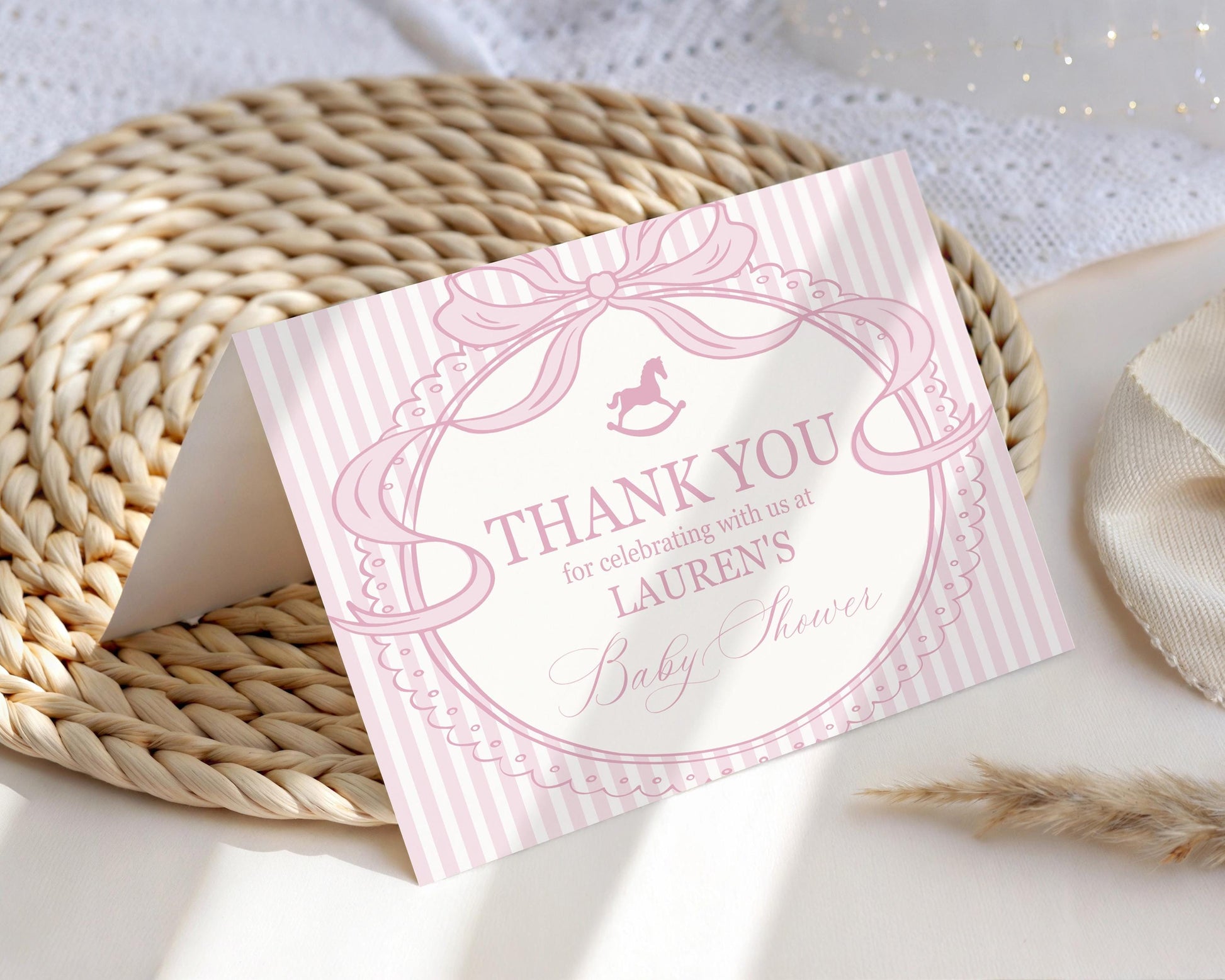 Pink Coquette Bow Rocking Horse Thank You Card Template, Striped Preppy Baby Shower, Classic First Birthday Party WP1094