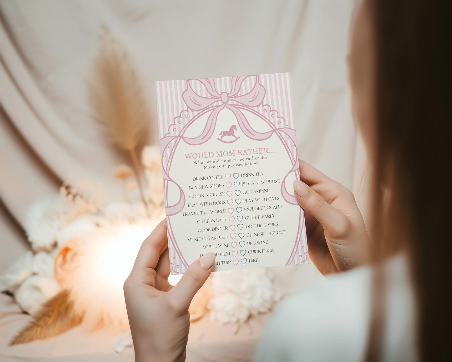 Pink Coquette Bow Rocking Horse Baby Shower Games Template, Striped Preppy Baby Sprinkle, Heirloom Inspired Brunch with Mom to Be WP1094