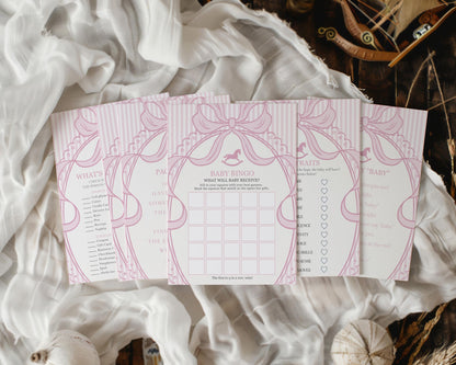 Pink Coquette Bow Rocking Horse Baby Shower Games Template, Striped Preppy Baby Sprinkle, Heirloom Inspired Brunch with Mom to Be WP1094