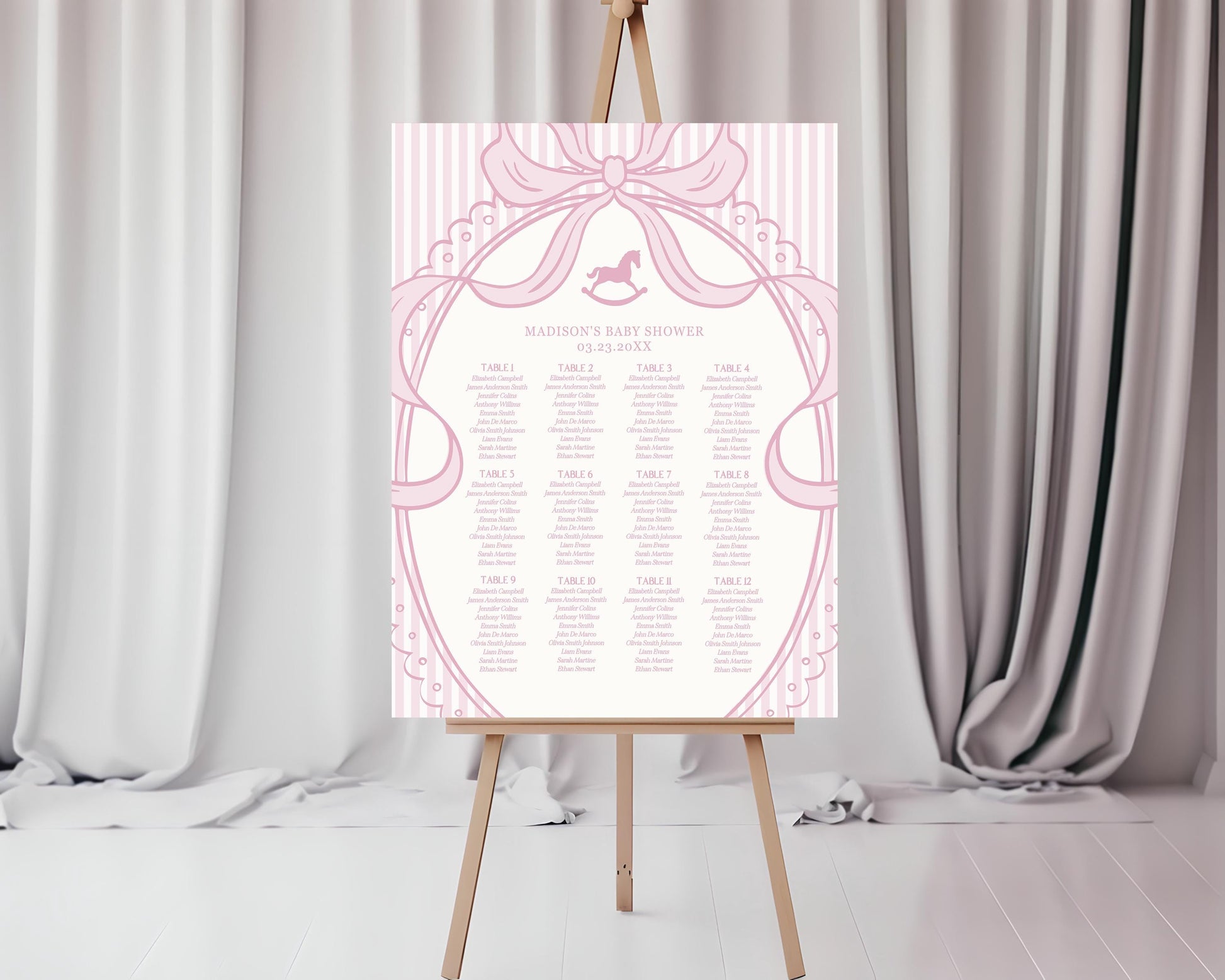 Pink Coquette Bow Rocking Horse Seating Chart Cards Template, Striped Preppy Baby Shower, Classic First Birthday Party WP1094