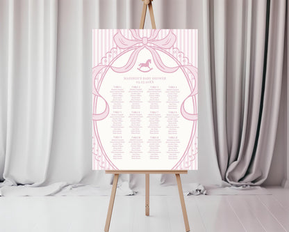 Pink Coquette Bow Rocking Horse Seating Chart Cards Template, Striped Preppy Baby Shower, Classic First Birthday Party WP1094