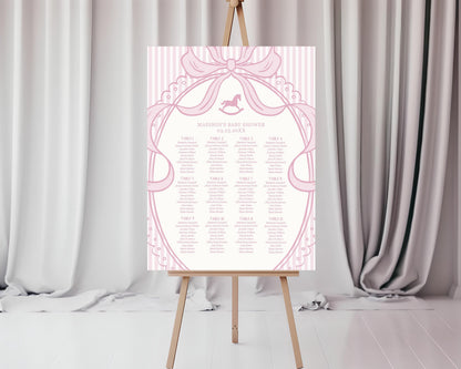 Pink Coquette Bow Rocking Horse Seating Chart Poster Template, Striped Preppy Baby Shower, Classic First Birthday Party WP1094