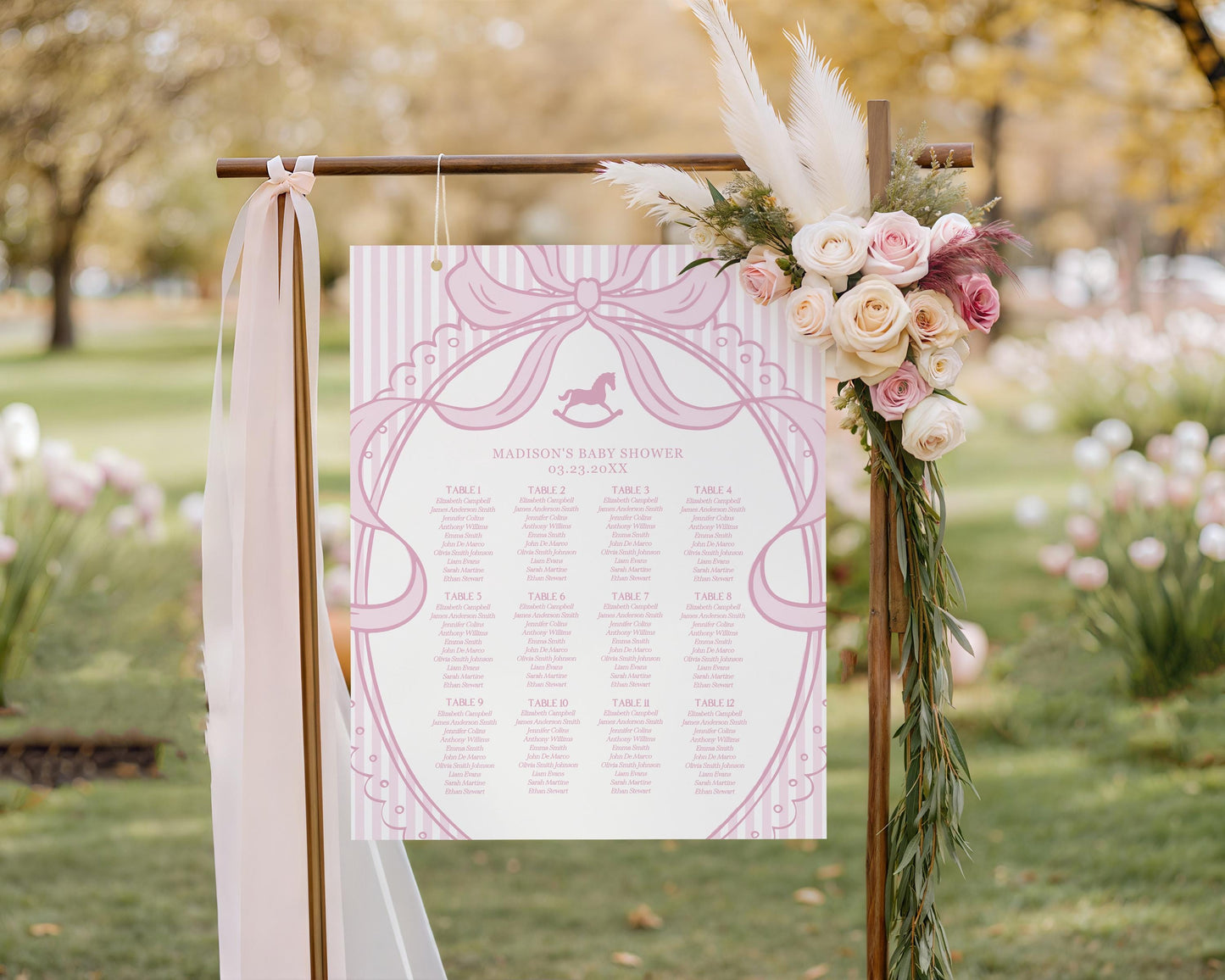 Pink Coquette Bow Rocking Horse Seating Chart Poster Template, Striped Preppy Baby Shower, Classic First Birthday Party WP1094