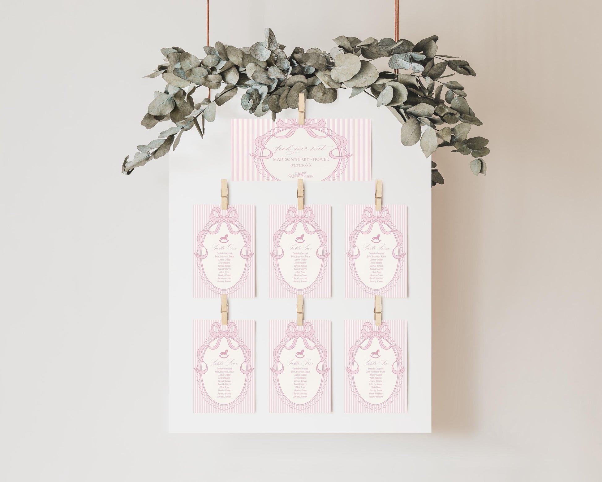 Pink Coquette Bow Rocking Horse Seating Chart Cards Template, Striped Preppy Baby Shower, Classic First Birthday Party WP1094