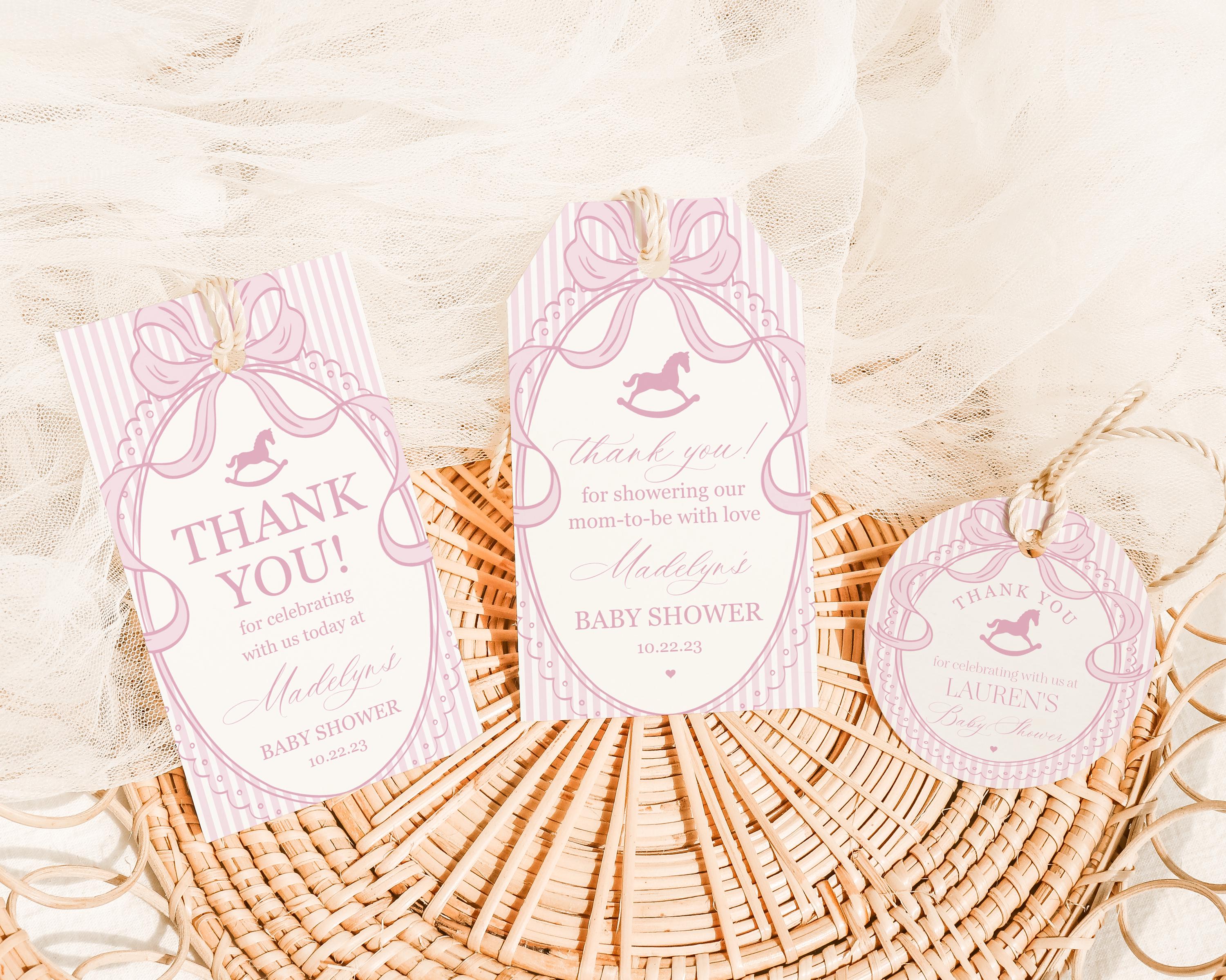 Pink Coquette Bow Rocking Horse Baby Shower Favor Tags Template, Striped Preppy Baby Sprinkle, Heirloom Inspired Brunch with Mom WP1094