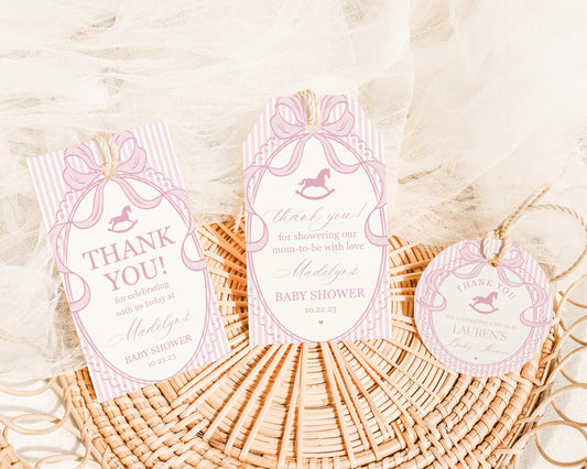 Pink Coquette Bow Rocking Horse Baby Shower Favor Tags Template, Striped Preppy Baby Sprinkle, Heirloom Inspired Brunch with Mom WP1094