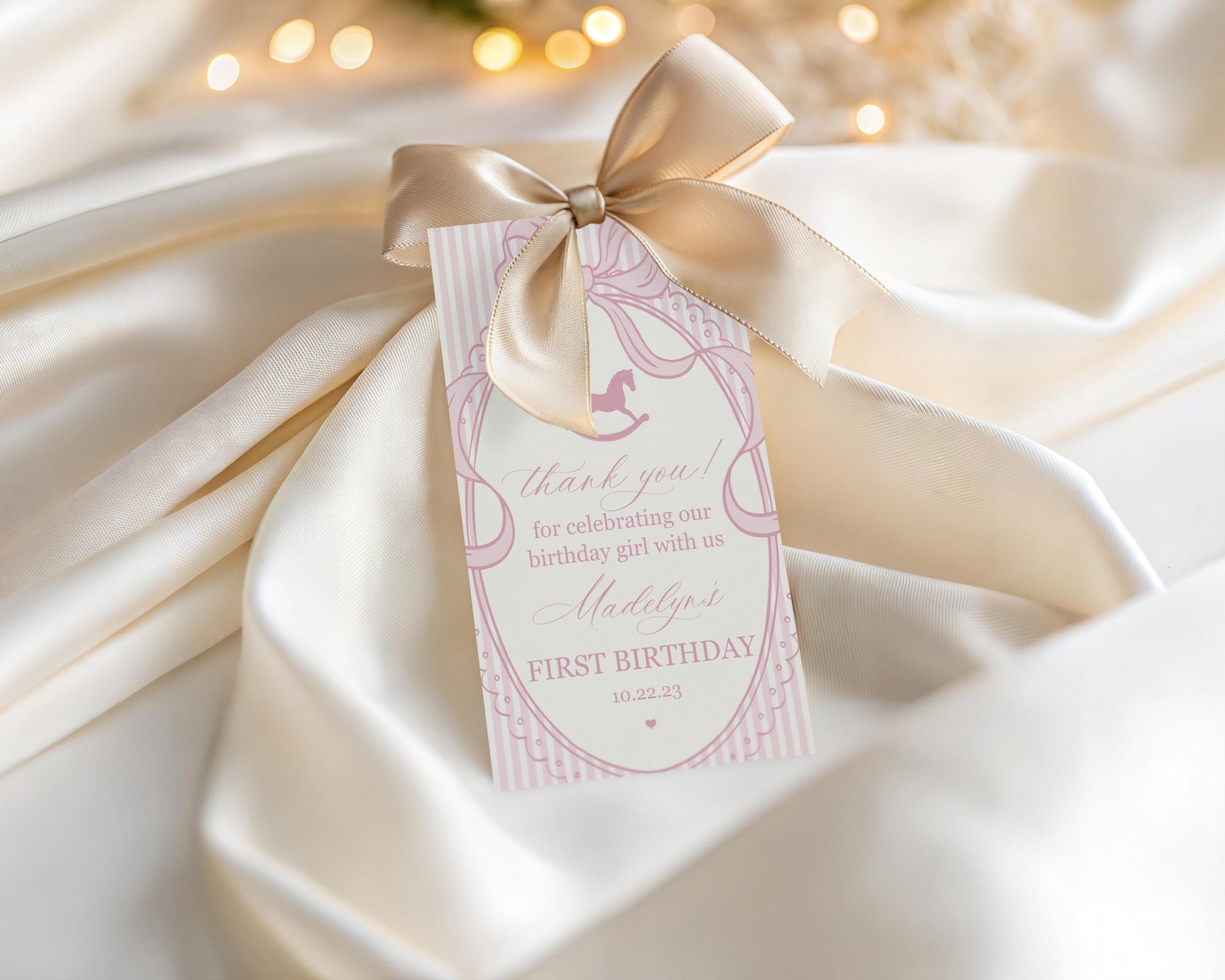 Pink Coquette Bow Rocking Horse Birthday Party Favor Tags Template, Preppy Striped First Birthday Party WP1094