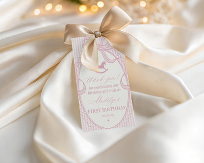 Pink Coquette Bow Rocking Horse Birthday Party Favor Tags Template, Preppy Striped First Birthday Party WP1094