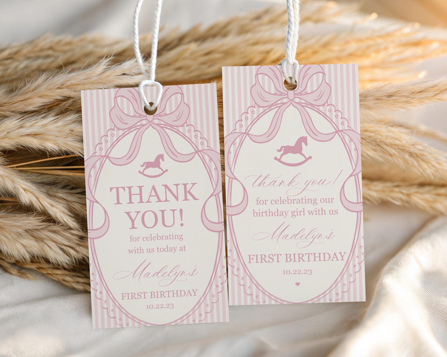 Pink Coquette Bow Rocking Horse Birthday Party Favor Tags Template, Preppy Striped First Birthday Party WP1094