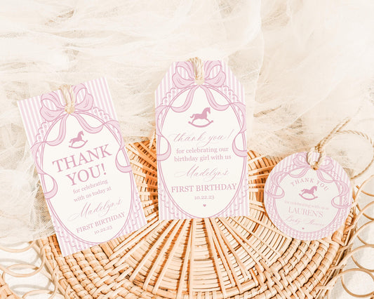 Pink Coquette Bow Rocking Horse Birthday Party Favor Tags Template, Preppy Striped First Birthday Party WP1094