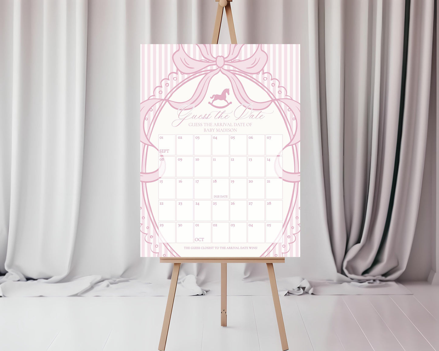 Pink Coquette Bow Rocking Horse Baby Shower Guess the Date Game Template, Striped Preppy Baby Sprinkle WP1094