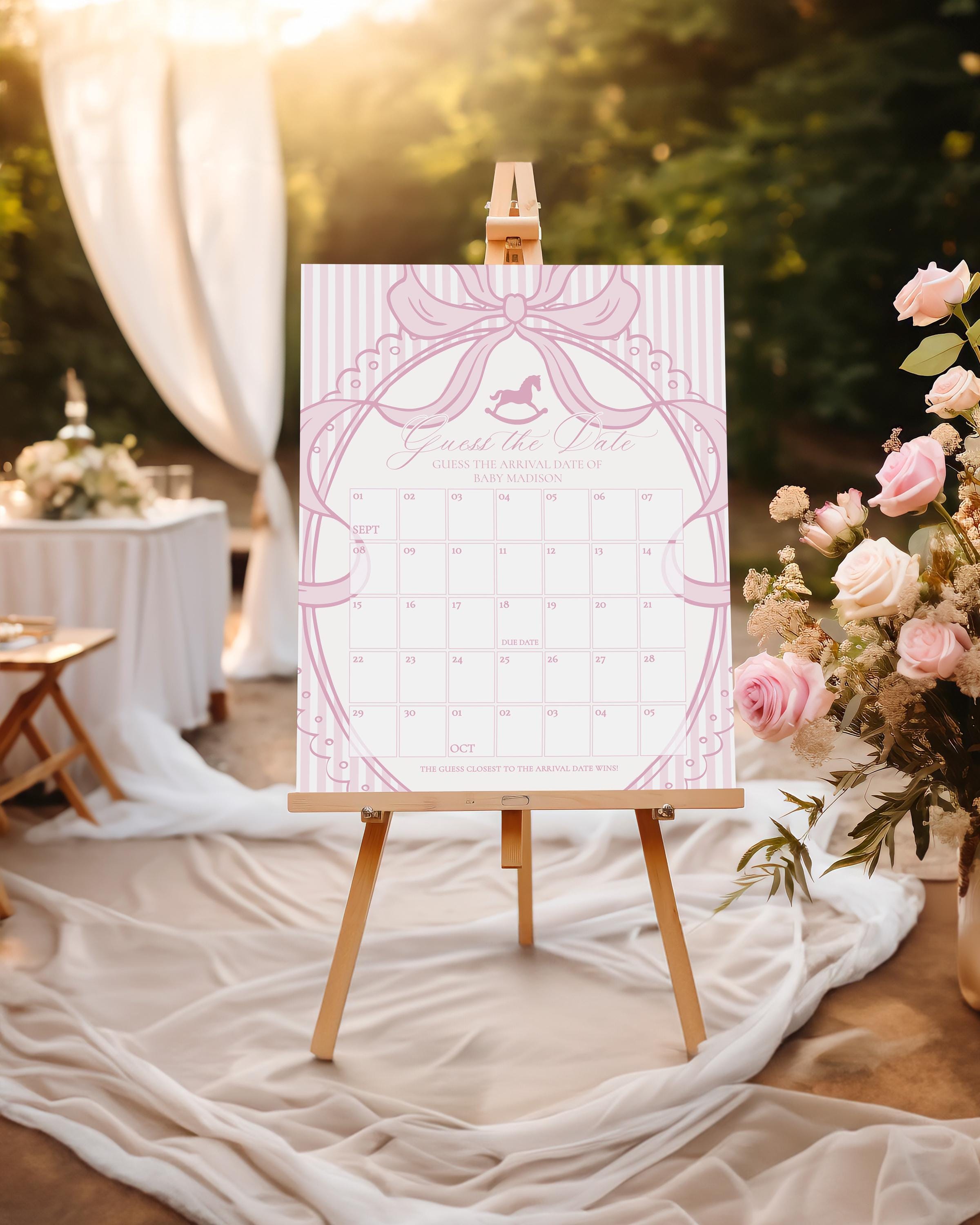Pink Coquette Bow Rocking Horse Baby Shower Guess the Date Game Template, Striped Preppy Baby Sprinkle WP1094