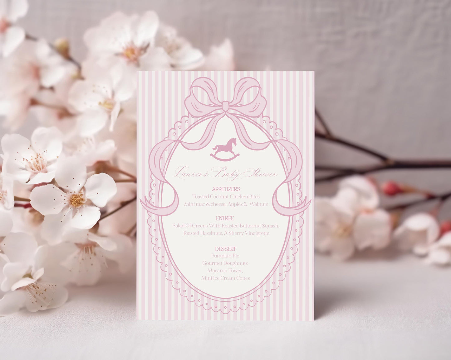 Pink Coquette Bow Rocking Horse Menu Template, Striped Preppy Baby Shower, Classic First Birthday Party WP1094