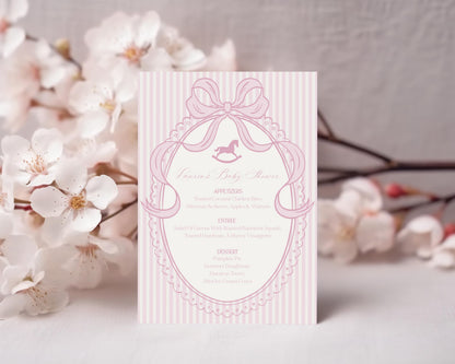 Pink Coquette Bow Rocking Horse Menu Template, Striped Preppy Baby Shower, Classic First Birthday Party WP1094