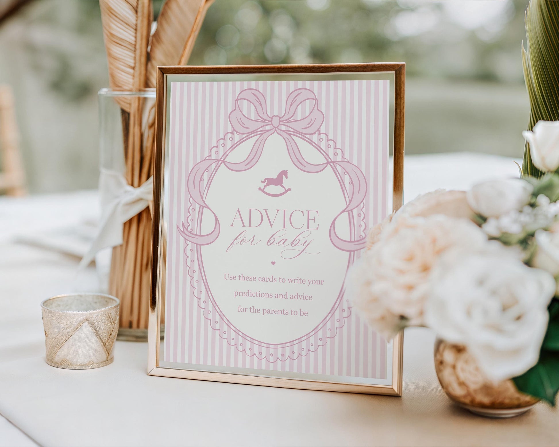 Pink Coquette Bow Rocking Horse Advice for Baby Cards Template, Striped Preppy Baby Sprinkle, Heirloom Inspired Brunch with Mom to Be WP1094