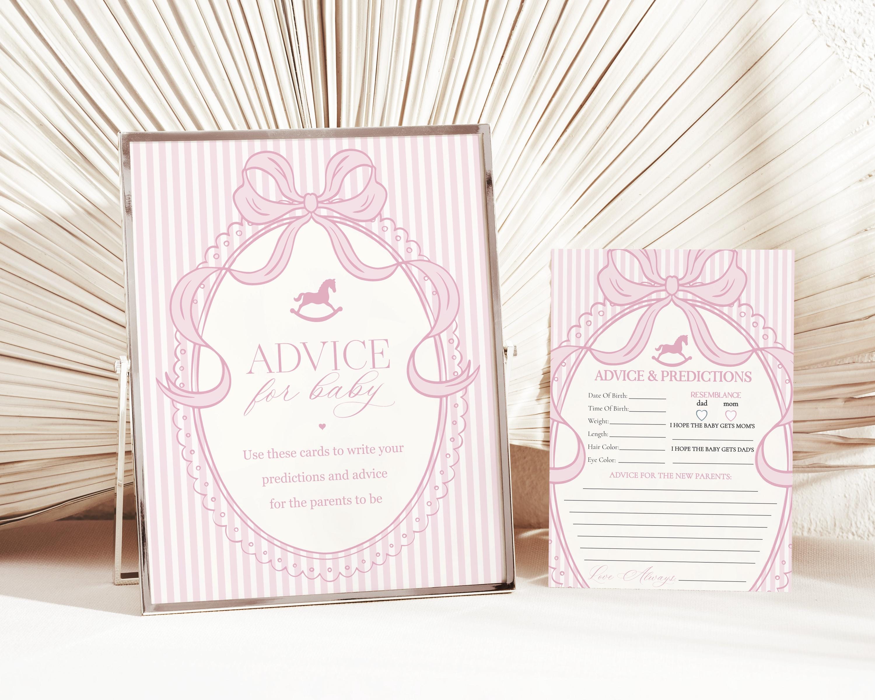 Pink Coquette Bow Rocking Horse Advice for Baby Cards Template, Striped Preppy Baby Sprinkle, Heirloom Inspired Brunch with Mom to Be WP1094