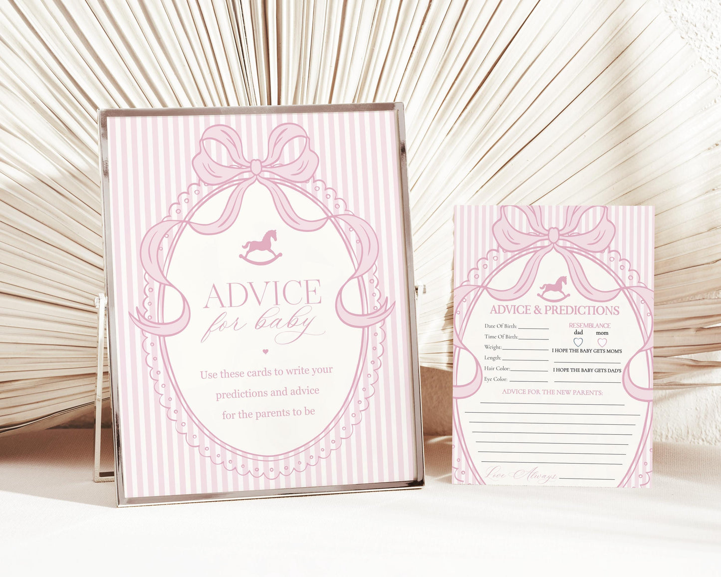 Pink Coquette Bow Rocking Horse Advice for Baby Cards Template, Striped Preppy Baby Sprinkle, Heirloom Inspired Brunch with Mom to Be WP1094