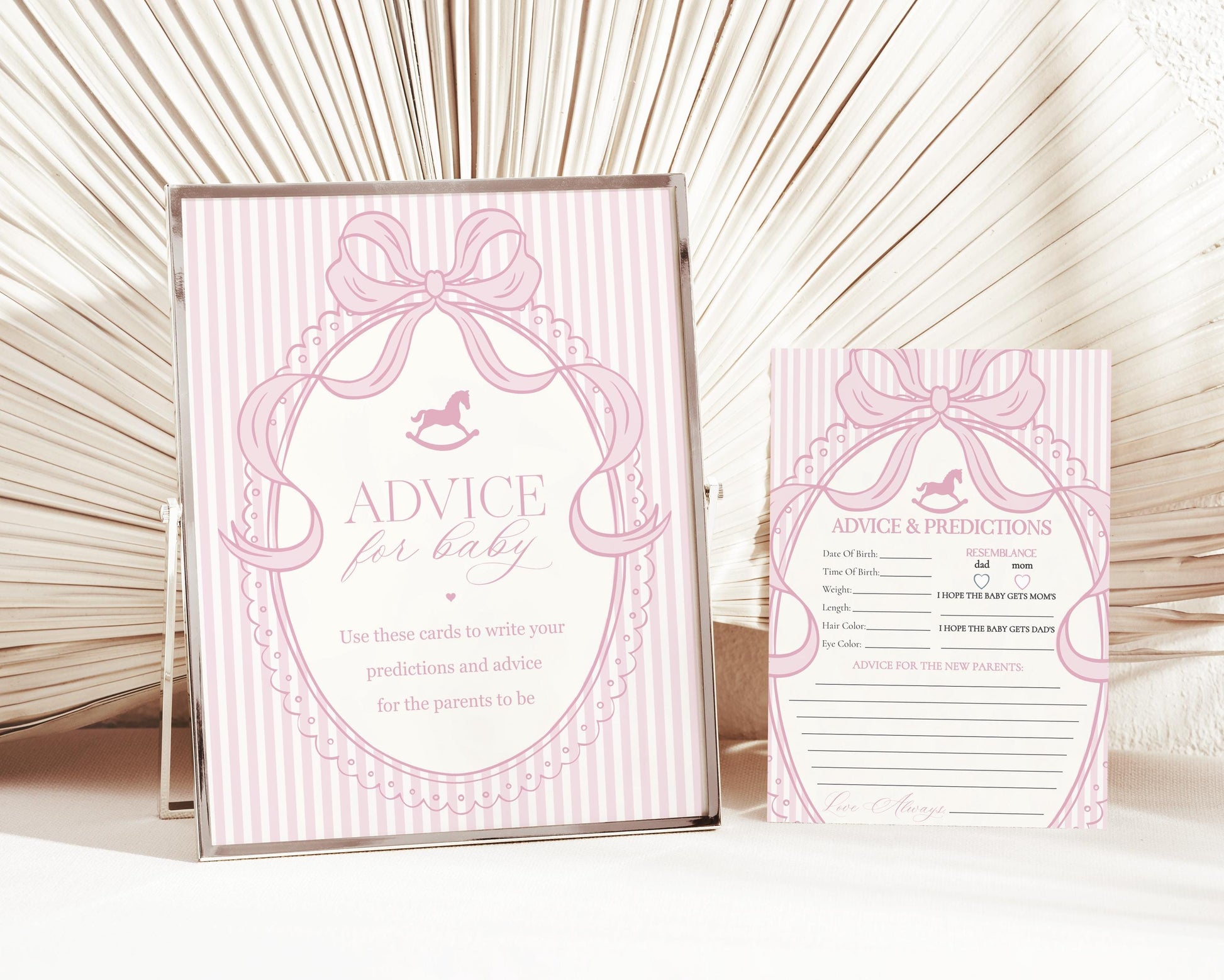 Pink Coquette Bow Rocking Horse Advice for Baby Cards Template, Striped Preppy Baby Sprinkle, Heirloom Inspired Brunch with Mom to Be WP1094