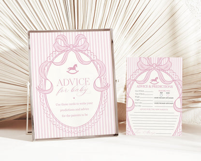 Pink Coquette Bow Rocking Horse Advice for Baby Cards Template, Striped Preppy Baby Sprinkle, Heirloom Inspired Brunch with Mom to Be WP1094
