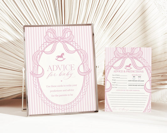 Pink Coquette Bow Rocking Horse Advice for Baby Cards Template, Striped Preppy Baby Sprinkle, Heirloom Inspired Brunch with Mom to Be WP1094