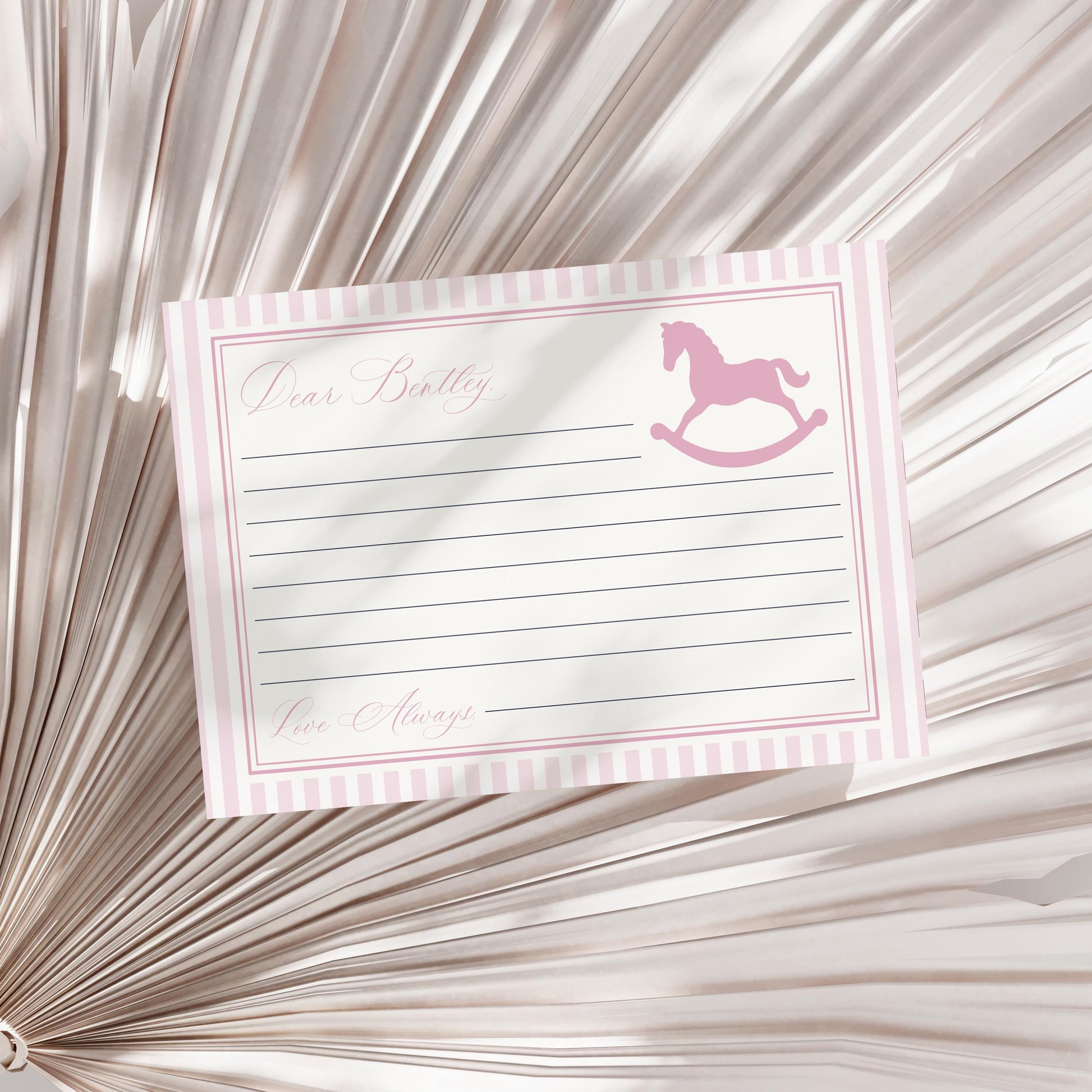 Pink Coquette Bow Rocking Horse Time Capsule Template, Preppy Striped First Birthday Party, Heirloom Inspired Timeless Bday WP1094