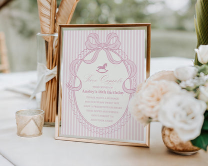 Pink Coquette Bow Rocking Horse Time Capsule Template, Preppy Striped First Birthday Party, Heirloom Inspired Timeless Bday WP1094