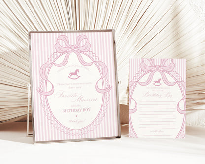 Pink Coquette Bow Rocking Horse Favorite Memories Birthday Girl Template, Preppy Striped First Birthday Party WP1094
