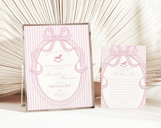 Pink Coquette Bow Rocking Horse Favorite Memories Birthday Girl Template, Preppy Striped First Birthday Party WP1094