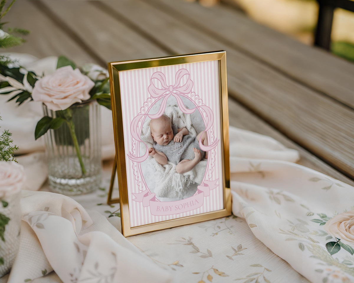 Pink Coquette Bow Rocking Horse 1st Birthday Milestone Banner Template, Preppy Striped First Birthday Party WP1094