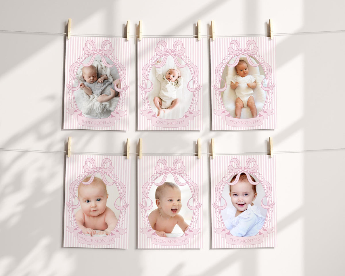 Pink Coquette Bow Rocking Horse 1st Birthday Milestone Banner Template, Preppy Striped First Birthday Party WP1094