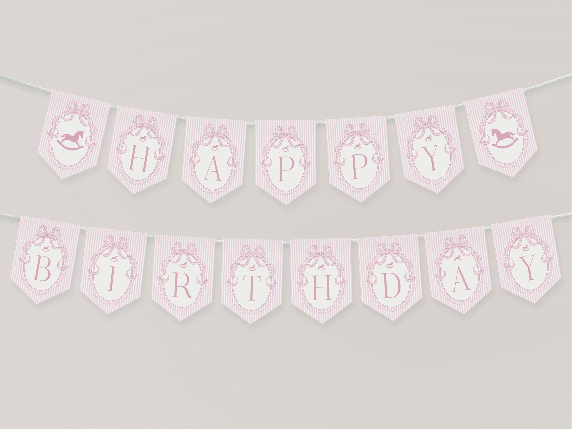 Pink Coquette Bow Rocking Horse 1st Birthday Highchair Banner Template, Preppy Striped First Birthday Party WP1094