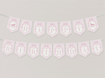Pink Coquette Bow Rocking Horse 1st Birthday Highchair Banner Template, Preppy Striped First Birthday Party WP1094