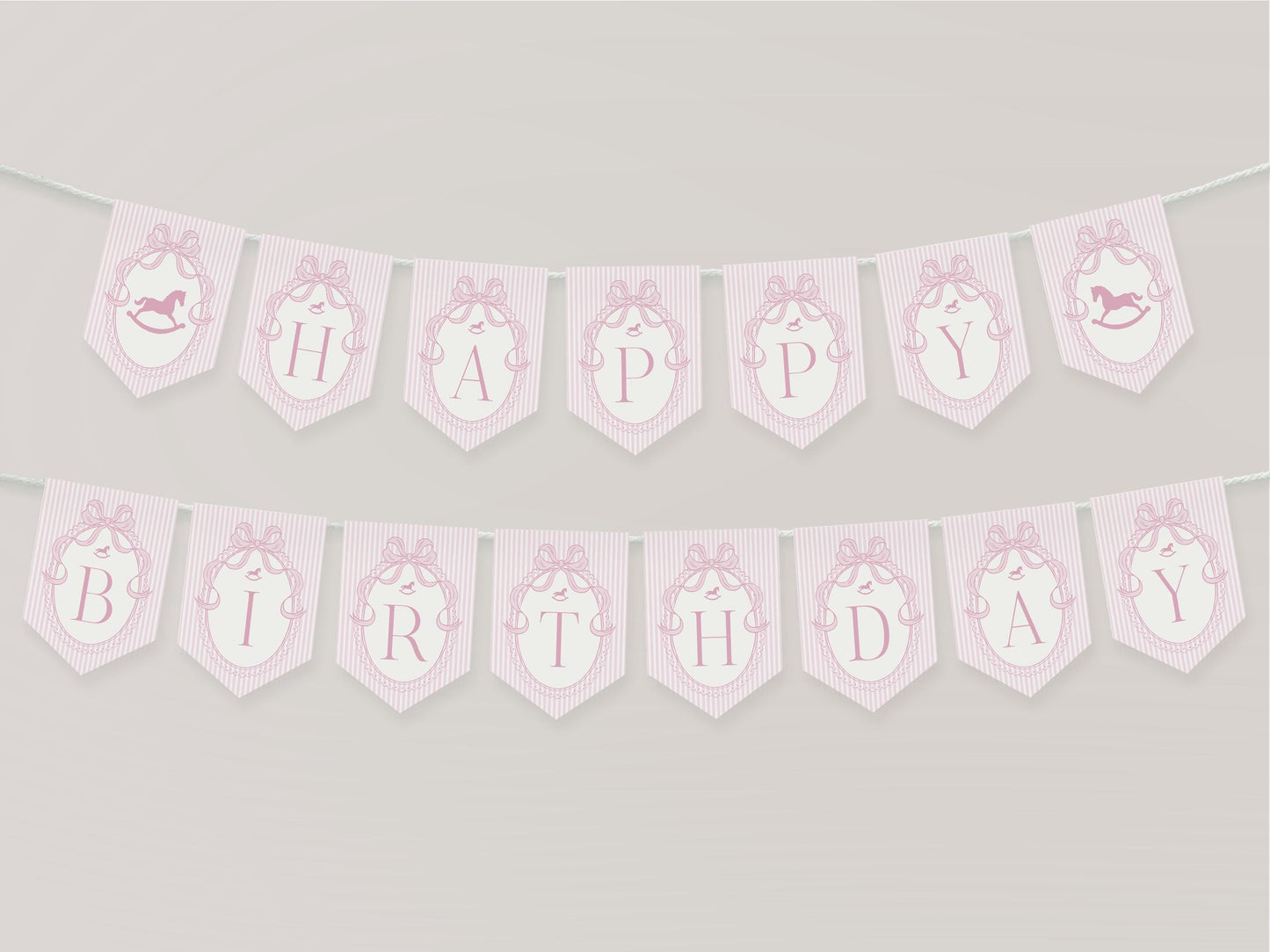 Pink Coquette Bow Rocking Horse Birthday Banner Template, Preppy Striped First Birthday Party WP1094
