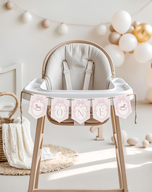 Pink Coquette Bow Rocking Horse 1st Birthday Highchair Banner Template, Preppy Striped First Birthday Party WP1094