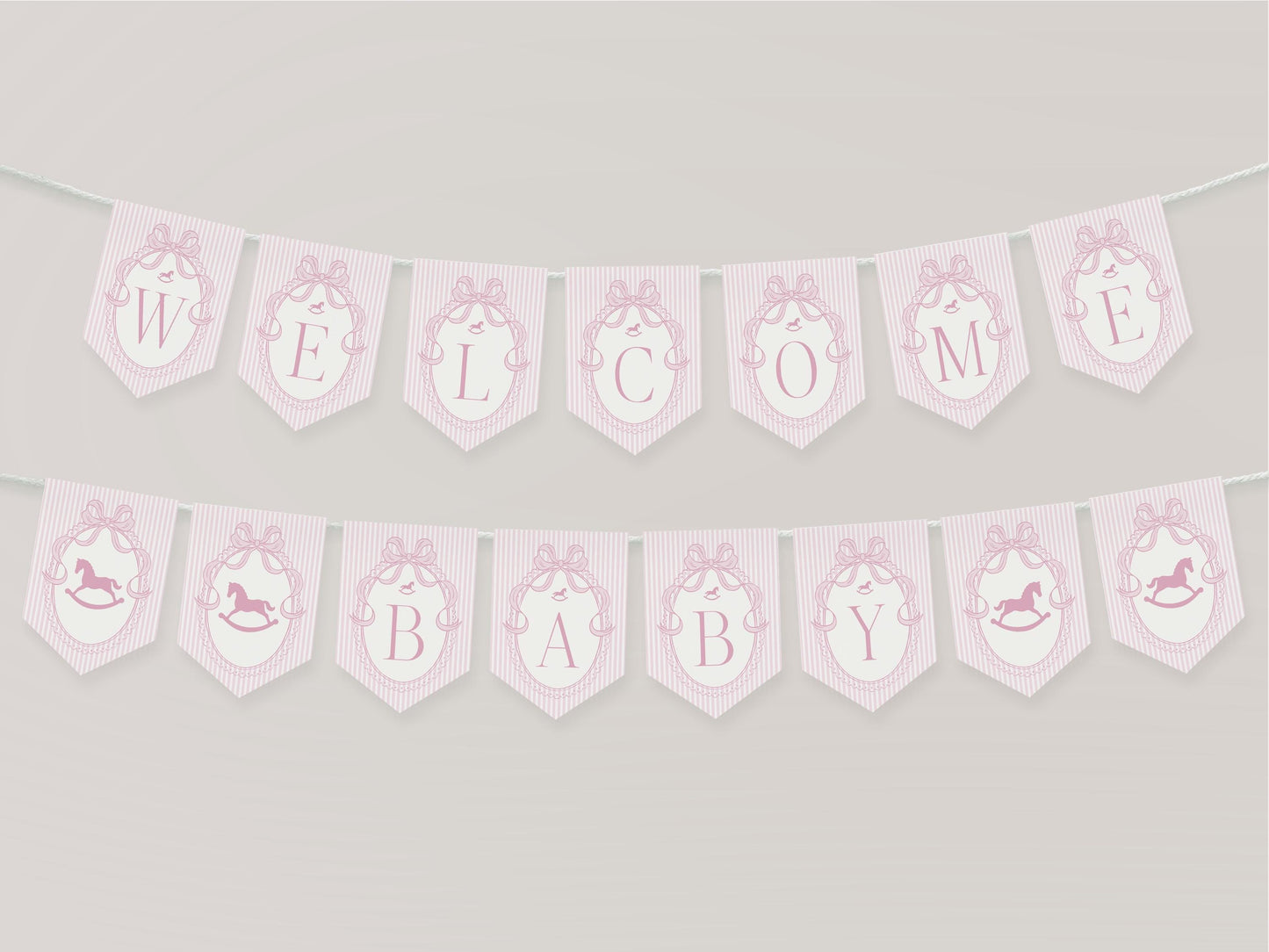 Pink Coquette Bow Rocking Horse Baby Shower Banner Template, Striped Preppy Baby Sprinkle, Heirloom Inspired Brunch with Mom to Be WP1094